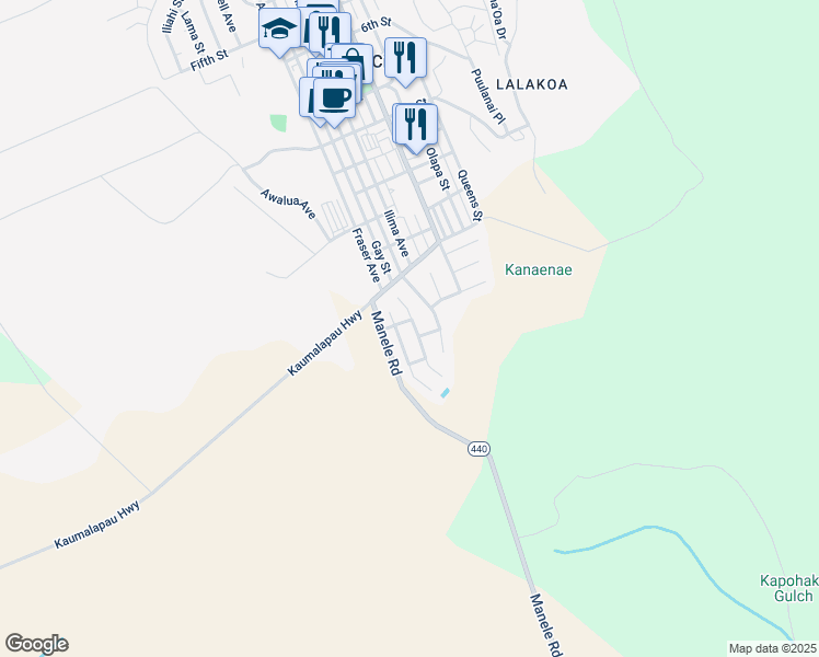 map of restaurants, bars, coffee shops, grocery stores, and more near 1488 Hoalauna Street in Lanai City