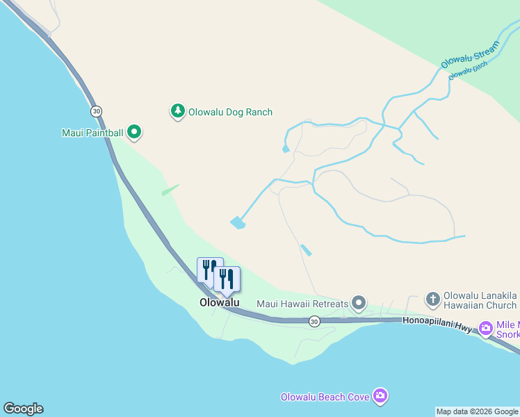 map of restaurants, bars, coffee shops, grocery stores, and more near Luawai Street in Lahaina