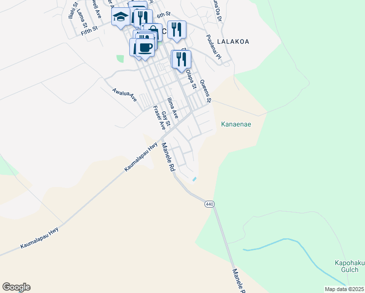 map of restaurants, bars, coffee shops, grocery stores, and more near 1481 Hoalauna Street in Lanai City