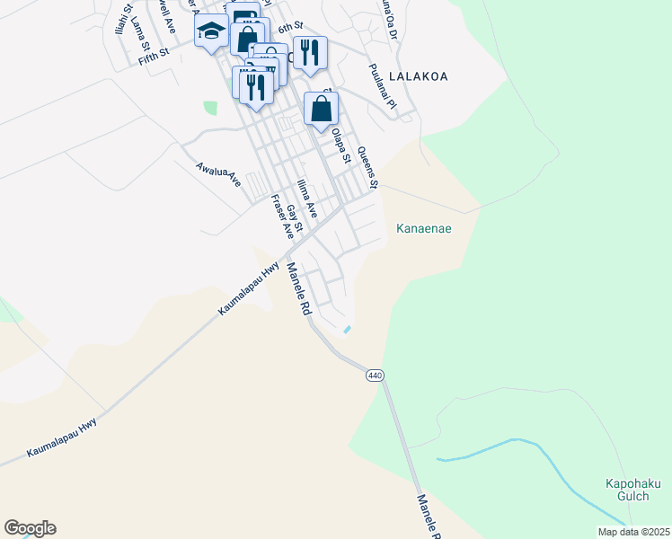 map of restaurants, bars, coffee shops, grocery stores, and more near 1410 Pakali Street in Lanai City