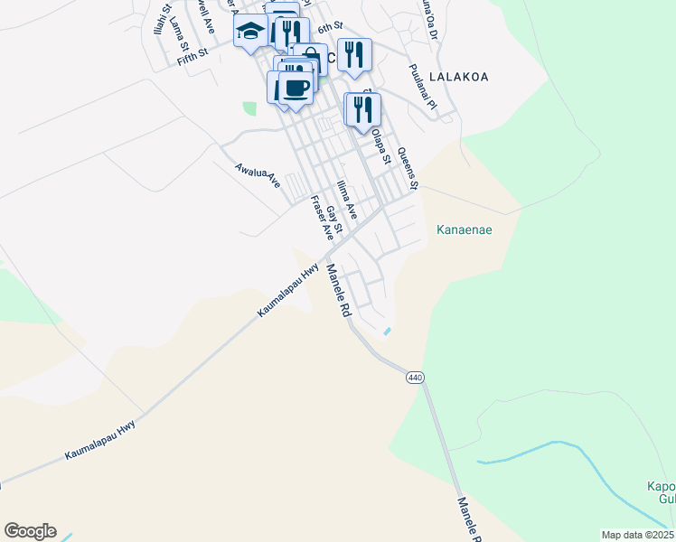 map of restaurants, bars, coffee shops, grocery stores, and more near 1468 North Ohohia Place in Lanai City