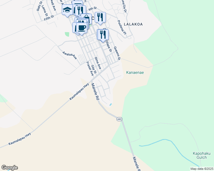 map of restaurants, bars, coffee shops, grocery stores, and more near 1410 Pakali Street in Lanai City