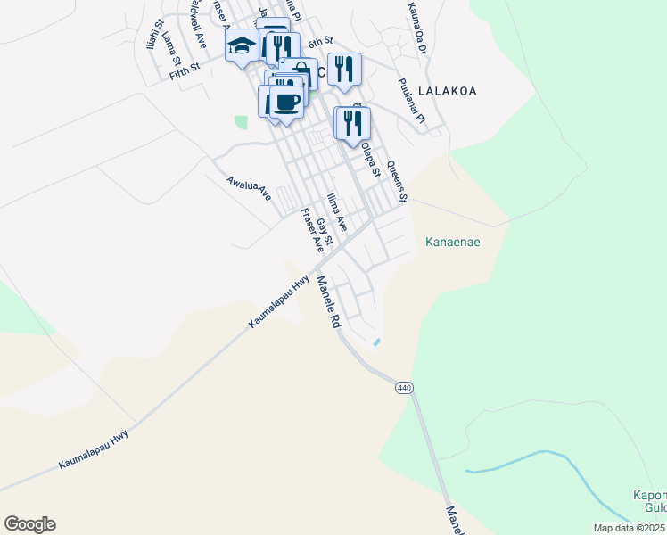 map of restaurants, bars, coffee shops, grocery stores, and more near 1452 North Hoalauna Place in Lanai City