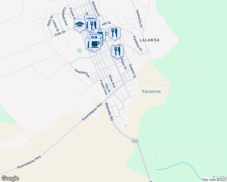 map of restaurants, bars, coffee shops, grocery stores, and more near 1352 Fraser Avenue in Lanai City