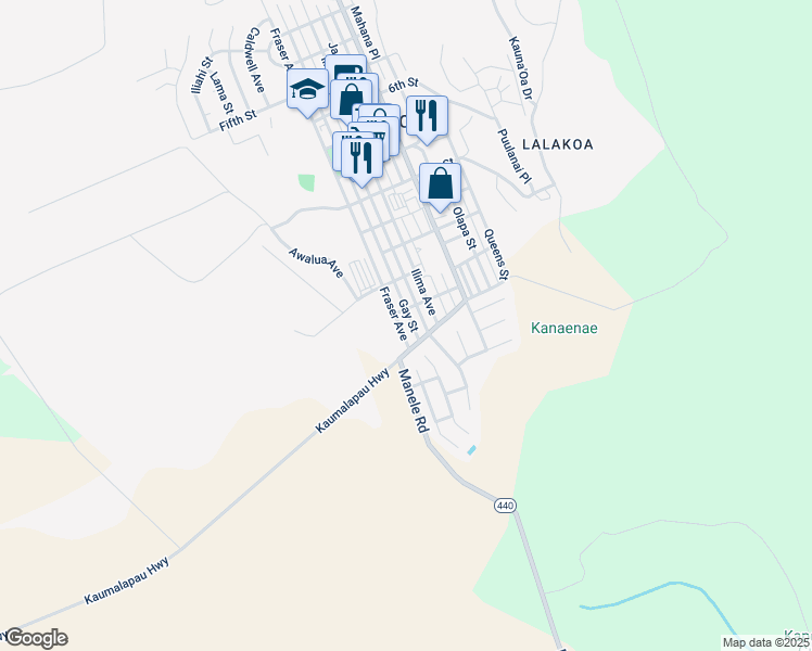 map of restaurants, bars, coffee shops, grocery stores, and more near 1352 Fraser Avenue in Lanai City