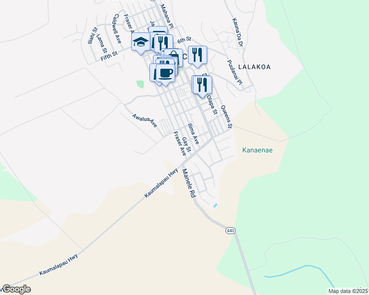 map of restaurants, bars, coffee shops, grocery stores, and more near 1352 Fraser Avenue in Lanai City