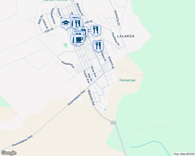 map of restaurants, bars, coffee shops, grocery stores, and more near 1340 Ilima Avenue in Lanai City