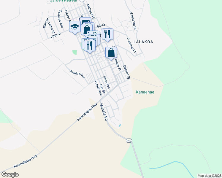 map of restaurants, bars, coffee shops, grocery stores, and more near 1340 Ilima Avenue in Lanai City