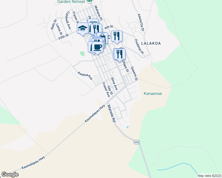 map of restaurants, bars, coffee shops, grocery stores, and more near 1236 Houston Street in Lanai City