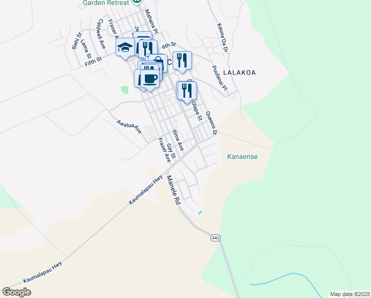 map of restaurants, bars, coffee shops, grocery stores, and more near 1328 Ilima Avenue in Lanai City