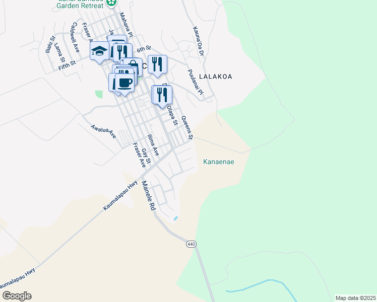 map of restaurants, bars, coffee shops, grocery stores, and more near 600 Akahi Place in Lanai City