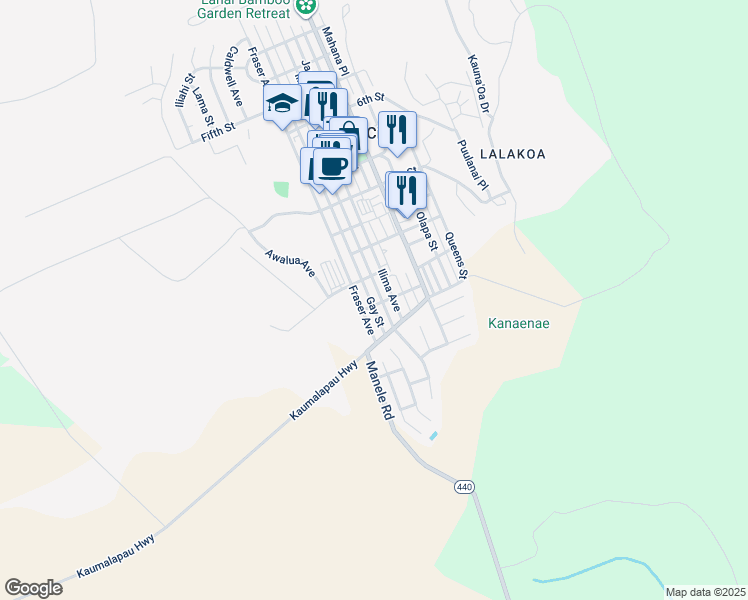 map of restaurants, bars, coffee shops, grocery stores, and more near 1236 Houston Street in Lanai City