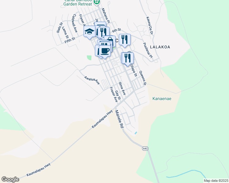 map of restaurants, bars, coffee shops, grocery stores, and more near 1258 Fraser Avenue in Lanai City