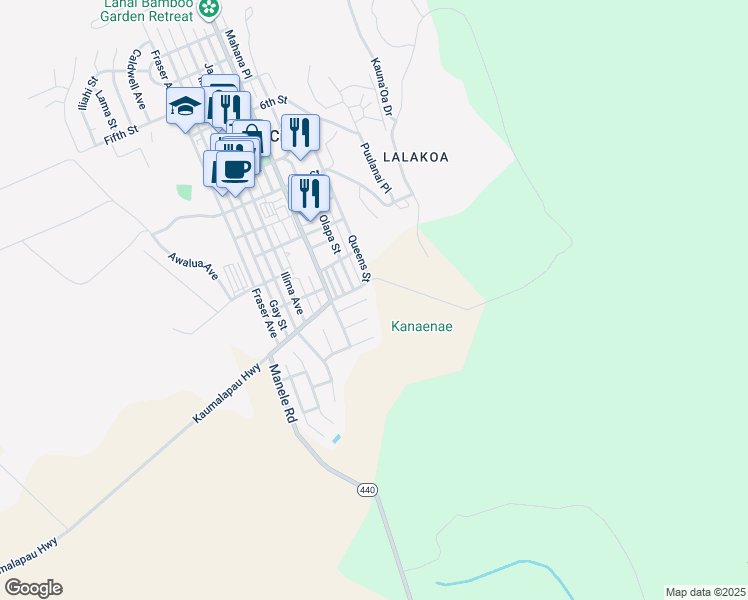 map of restaurants, bars, coffee shops, grocery stores, and more near 782 Akahi Place in Lanai City