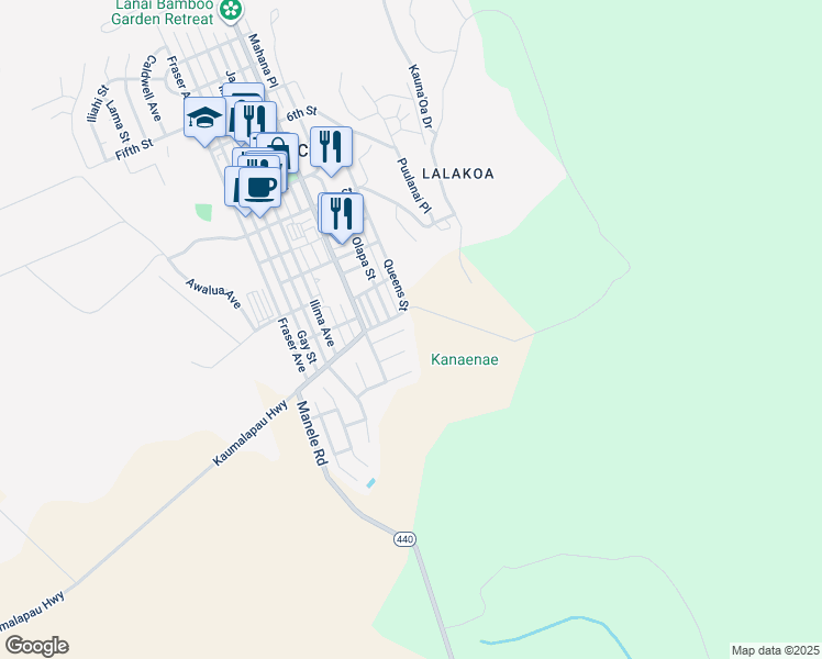 map of restaurants, bars, coffee shops, grocery stores, and more near 782 Akahi Place in Lanai City