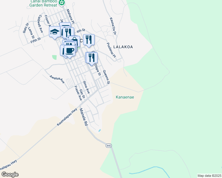 map of restaurants, bars, coffee shops, grocery stores, and more near 782 Akahi Place in Lanai City