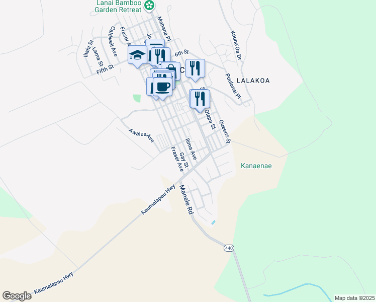 map of restaurants, bars, coffee shops, grocery stores, and more near 1236 Houston Street in Lanai City