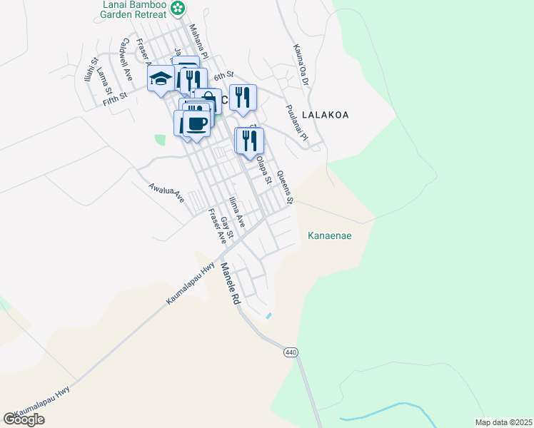 map of restaurants, bars, coffee shops, grocery stores, and more near 1320 Lanai Avenue in Lanai City