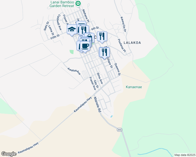 map of restaurants, bars, coffee shops, grocery stores, and more near 1236 Houston Street in Lanai City
