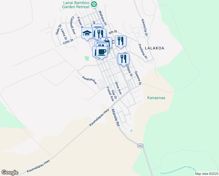 map of restaurants, bars, coffee shops, grocery stores, and more near 1311 Fraser Avenue in Lanai City