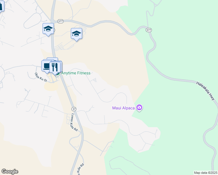 map of restaurants, bars, coffee shops, grocery stores, and more near 50 Lealea Place in Makawao