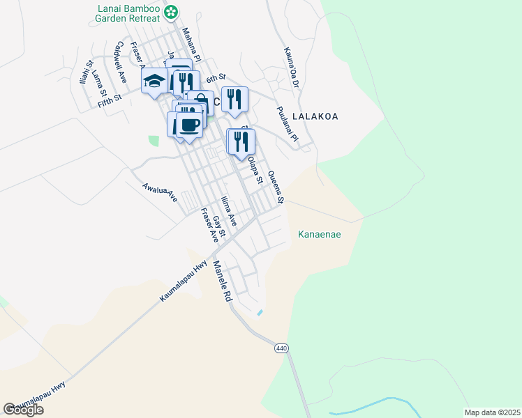 map of restaurants, bars, coffee shops, grocery stores, and more near 1262 Mana Street in Lanai City