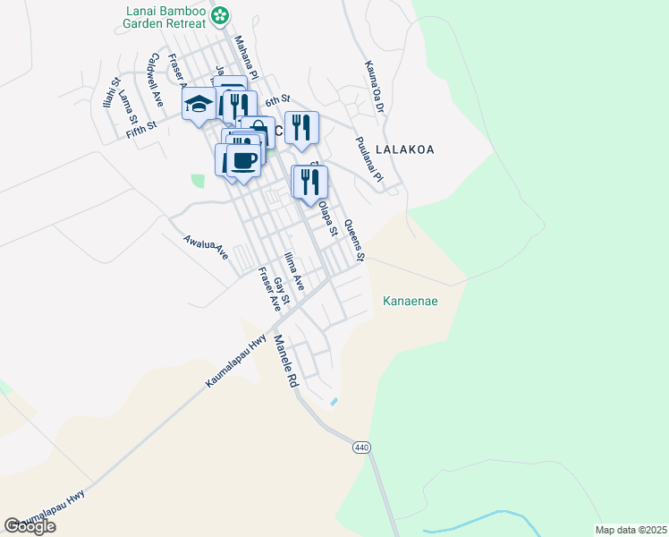 map of restaurants, bars, coffee shops, grocery stores, and more near 1262 Mana Street in Lanai City