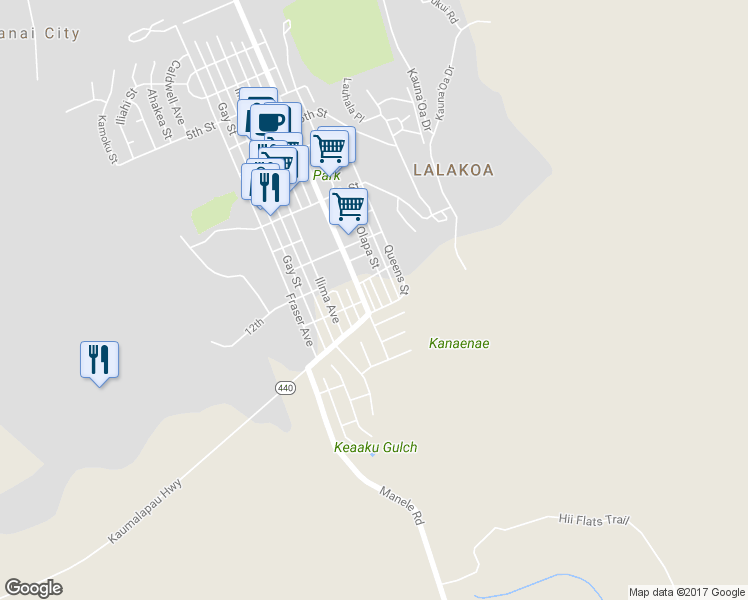 map of restaurants, bars, coffee shops, grocery stores, and more near 1254 Mana Street in Lanai City