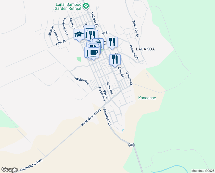 map of restaurants, bars, coffee shops, grocery stores, and more near 1236 Houston Street in Lanai City