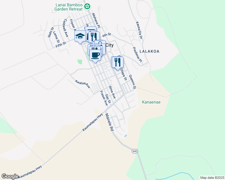 map of restaurants, bars, coffee shops, grocery stores, and more near 1236 Houston Street in Lanai City