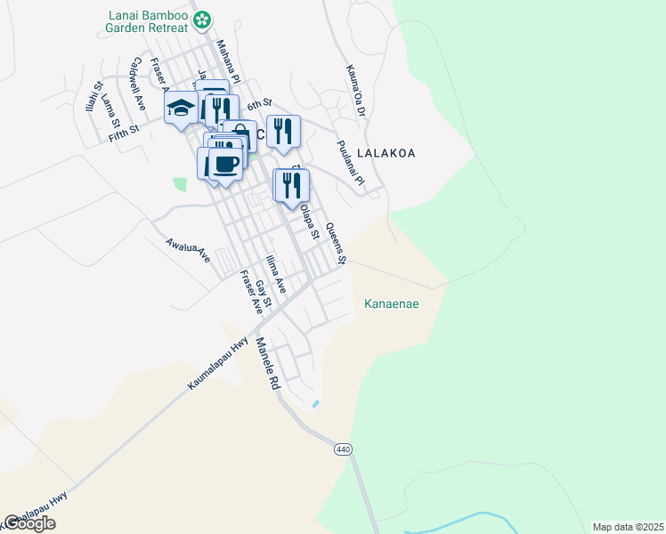 map of restaurants, bars, coffee shops, grocery stores, and more near 1270 Olapa Street in Paia