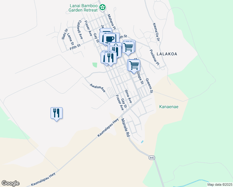 map of restaurants, bars, coffee shops, grocery stores, and more near 1311 Fraser Avenue in Lanai City