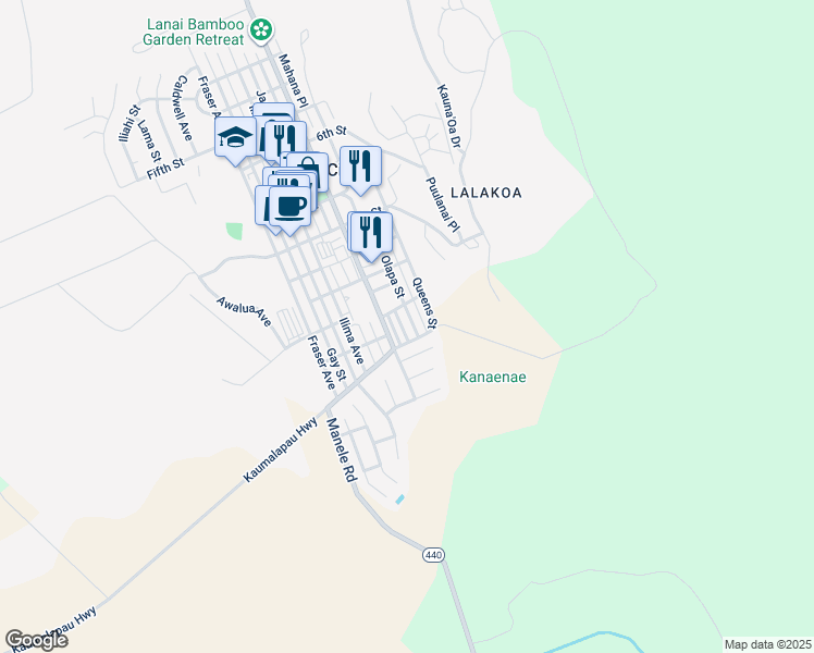 map of restaurants, bars, coffee shops, grocery stores, and more near 1246 Aha Street in Lanai City