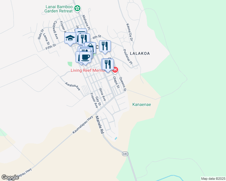 map of restaurants, bars, coffee shops, grocery stores, and more near 1236 Lanai Avenue in Lanai City