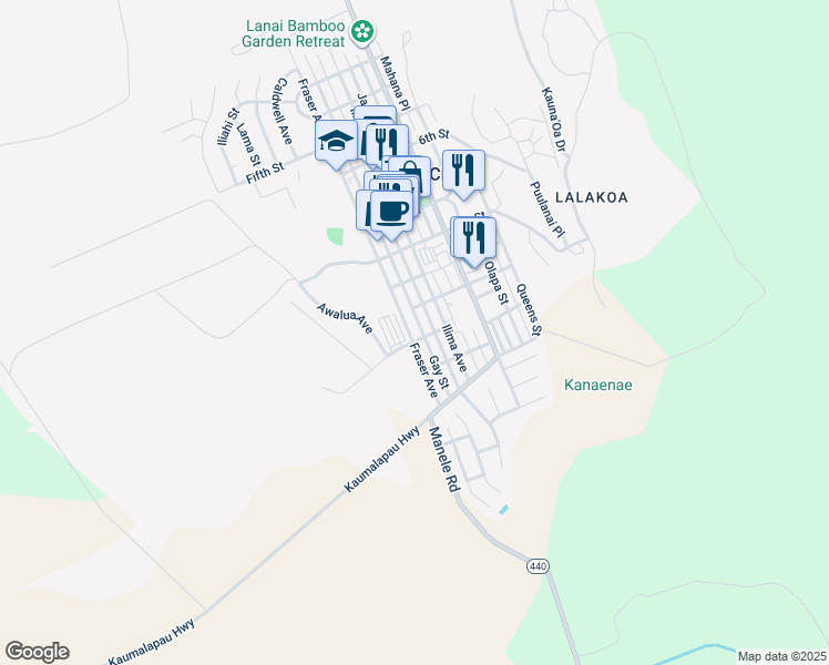 map of restaurants, bars, coffee shops, grocery stores, and more near 1311 Fraser Avenue in Lanai City