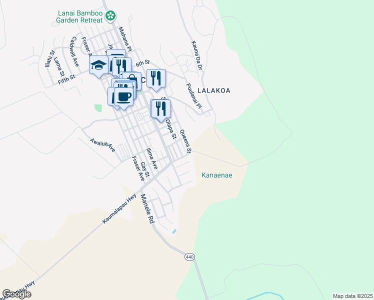 map of restaurants, bars, coffee shops, grocery stores, and more near 1250 Palawai Street in Lanai City