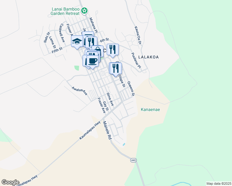 map of restaurants, bars, coffee shops, grocery stores, and more near 1203 Lanai Avenue in Lanai City
