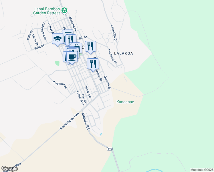 map of restaurants, bars, coffee shops, grocery stores, and more near 1242 Palawai Street in Lanai City