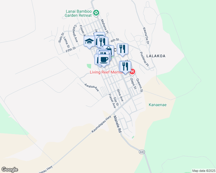 map of restaurants, bars, coffee shops, grocery stores, and more near 1040 Fraser Avenue in Lanai City
