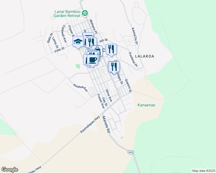 map of restaurants, bars, coffee shops, grocery stores, and more near 1144 Ilima Avenue in Lanai City