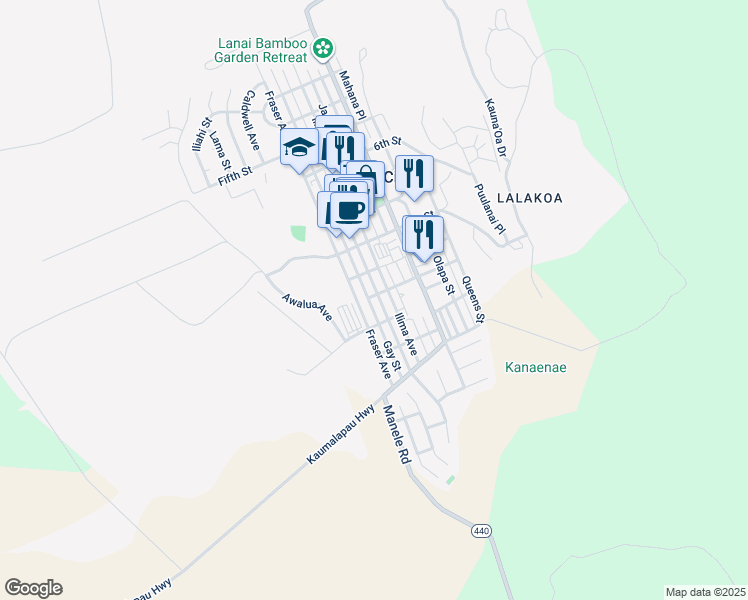 map of restaurants, bars, coffee shops, grocery stores, and more near 1040 Fraser Avenue in Lanai City