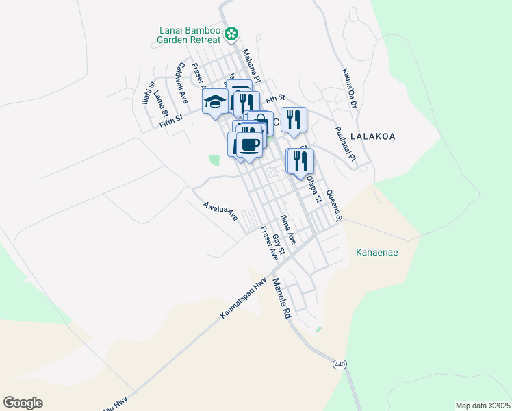 map of restaurants, bars, coffee shops, grocery stores, and more near 1040 Fraser Avenue in Lanai City