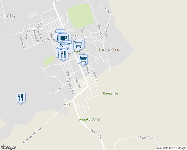 map of restaurants, bars, coffee shops, grocery stores, and more near 1202 Palawai Street in Lanai City