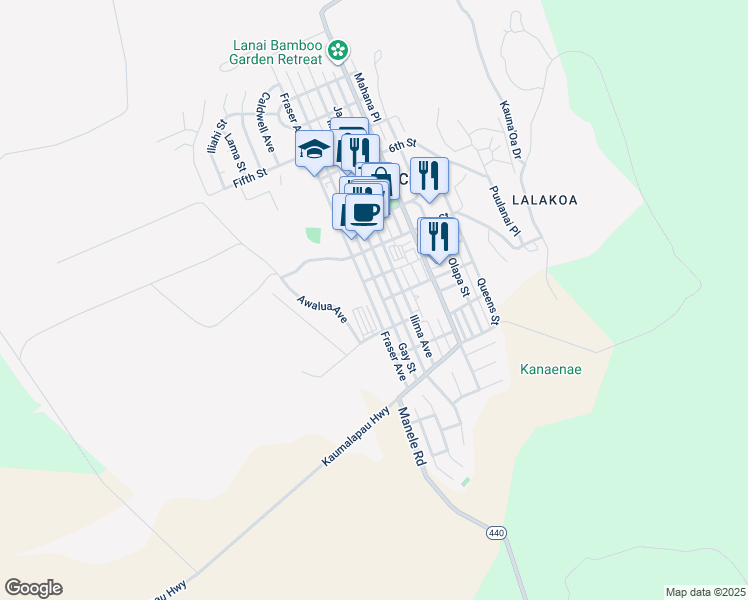 map of restaurants, bars, coffee shops, grocery stores, and more near 1040 Fraser Avenue in Lanai City