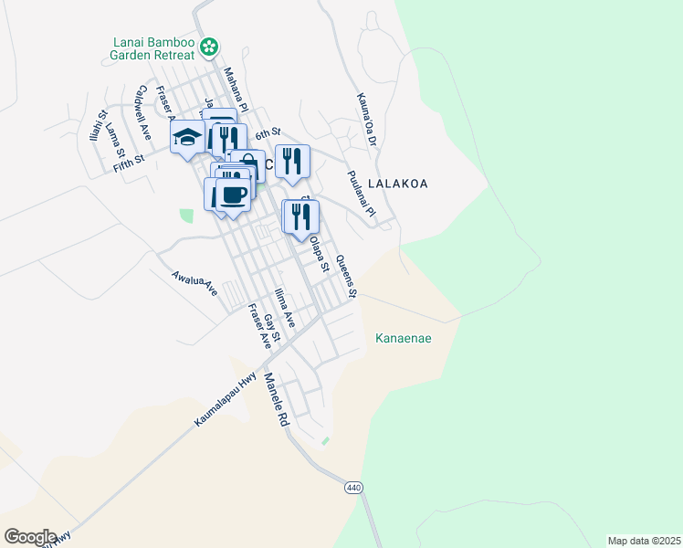 map of restaurants, bars, coffee shops, grocery stores, and more near 1202 Palawai Street in Lanai City