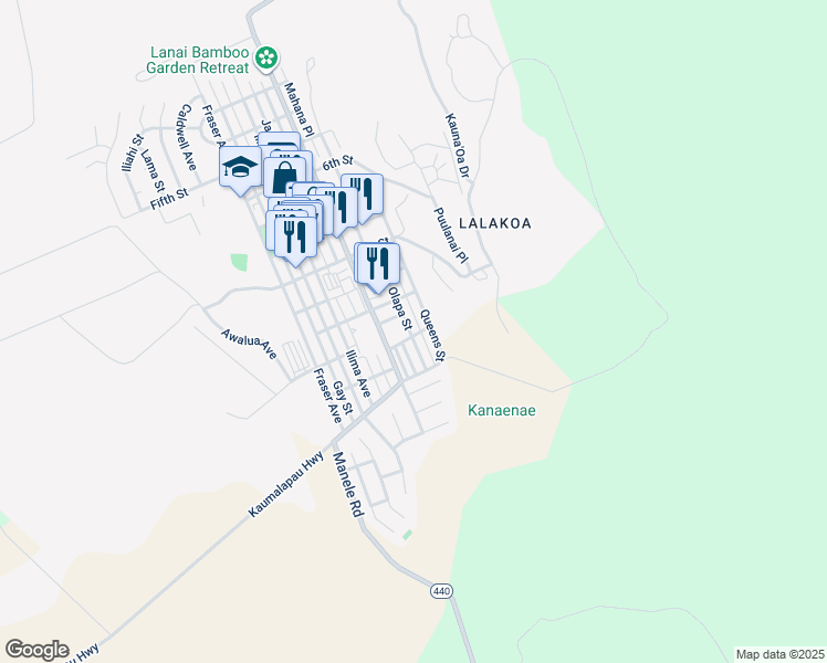 map of restaurants, bars, coffee shops, grocery stores, and more near 1172 Olapa Street in Lanai City