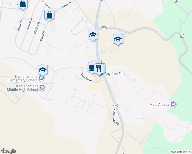 map of restaurants, bars, coffee shops, grocery stores, and more near Kupaoa Street in Pukalani