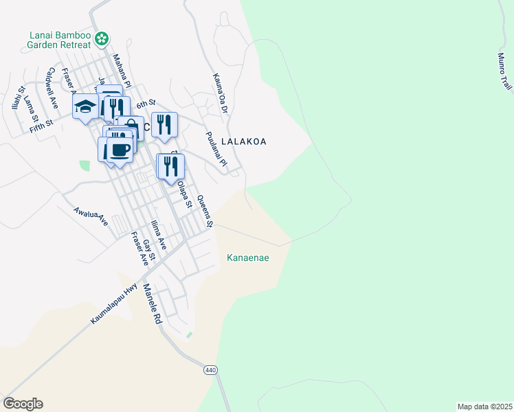 map of restaurants, bars, coffee shops, grocery stores, and more near 156 Kauna'Oa Drive in Lanai City