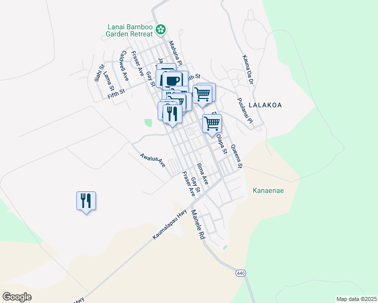 map of restaurants, bars, coffee shops, grocery stores, and more near 1144 Ilima Avenue in Lanai City