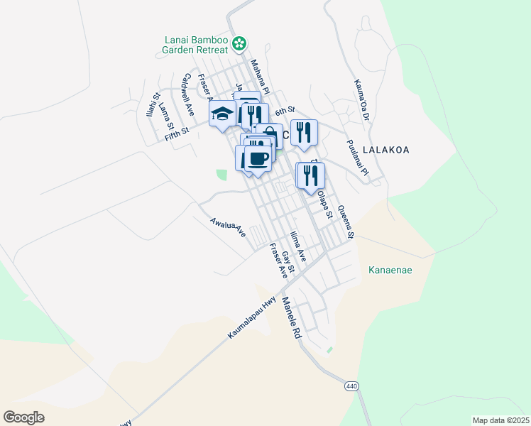 map of restaurants, bars, coffee shops, grocery stores, and more near 1040 Fraser Avenue in Lanai City